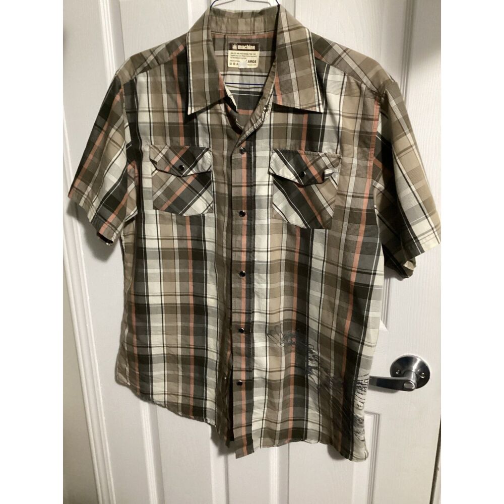MK Machine Men's plaid western shirt brown/black pearl snaps eagle imprint LG